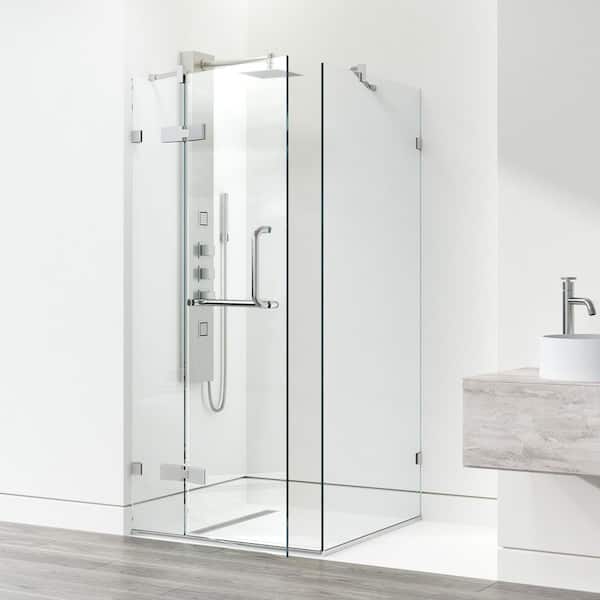 Monteray 34 in. L x 34 in. W x 73 in. H Frameless Pivot Square Shower Enclosure in Brushed Nickel with Clear Glass
