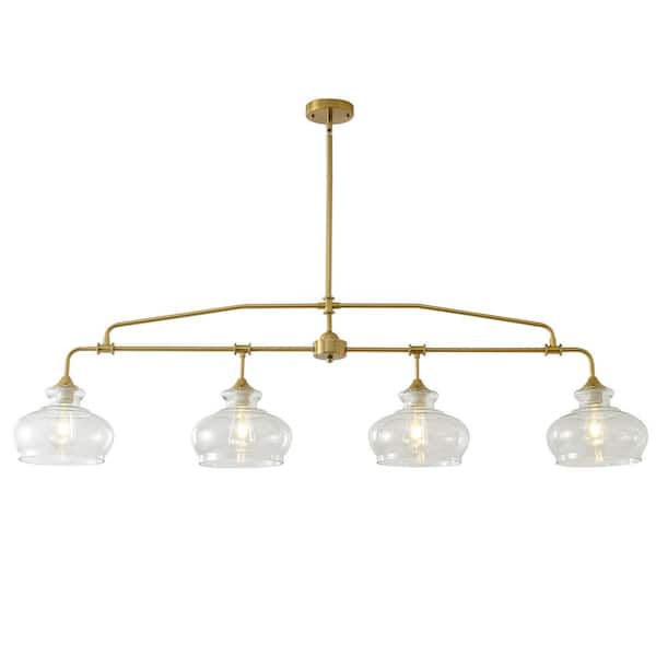 Island Light for Kitchen, 4-Light Brass Kitchen Island Linear Chandelier, Dining Room Light Fixture with Glass Shades