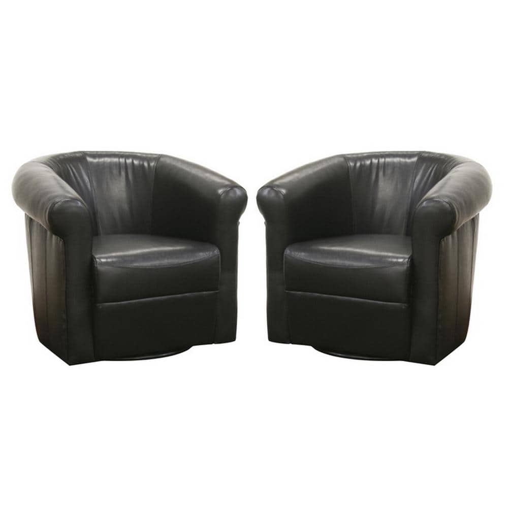 Swivel Barrel Accent Chair in Black Faux Leather with Wooden Frame