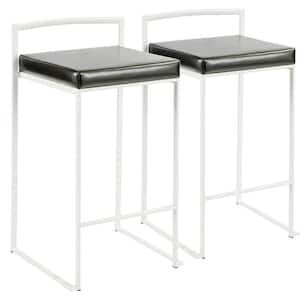 Fuji 26 in. White Stackable Counter Stool with Black Faux Leather Cushion (Set of 2)