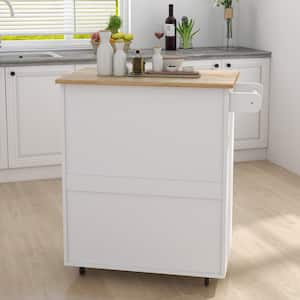 White Kitchen Cart with Towel Rack and Rubber Wood Top and Drawer
