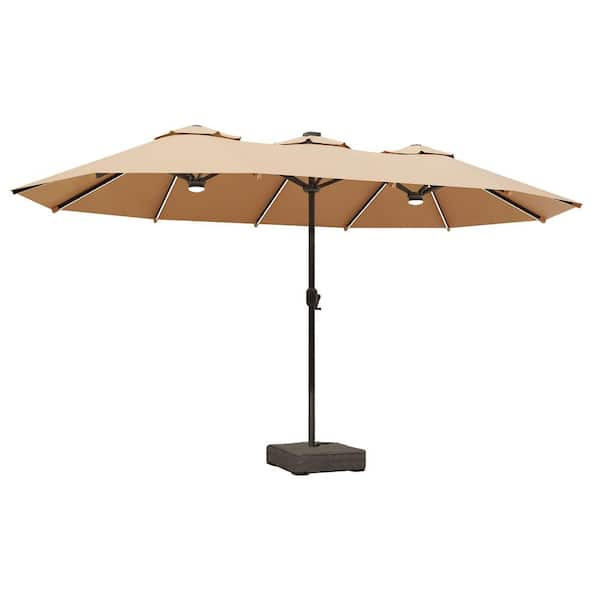 15 ft. Rectangule Outdoor Double Sided Market Patio Umbrella in Tan with Base and RGB Lights for Poolside Lawn