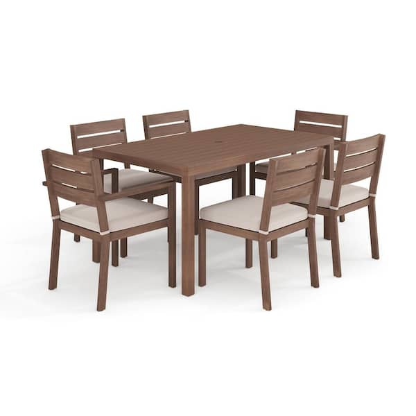 Bedford Brown Brushed Woodgrain Aluminum Indoor-Outdoor Patio Set with 60 in. Table and 6 Dining Chairs