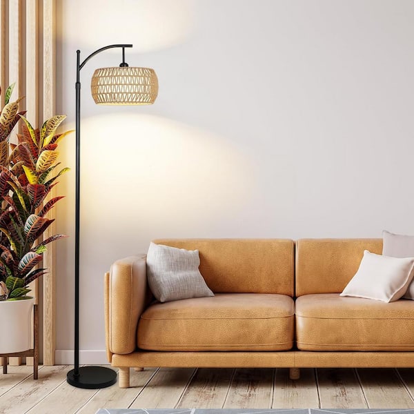 65 in. Black Boho Dimmable 1-Light Arc Floor Lamp with Rattan and Fabric Drum Shade, Remote, APP, Foot Switch