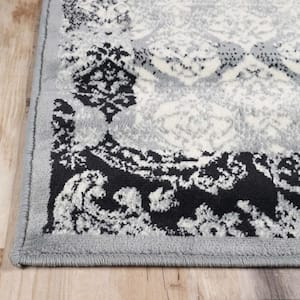 5 ft. x 8 ft. Black and Gray Damask Power Loom Distressed Stain Resistant Area Rug