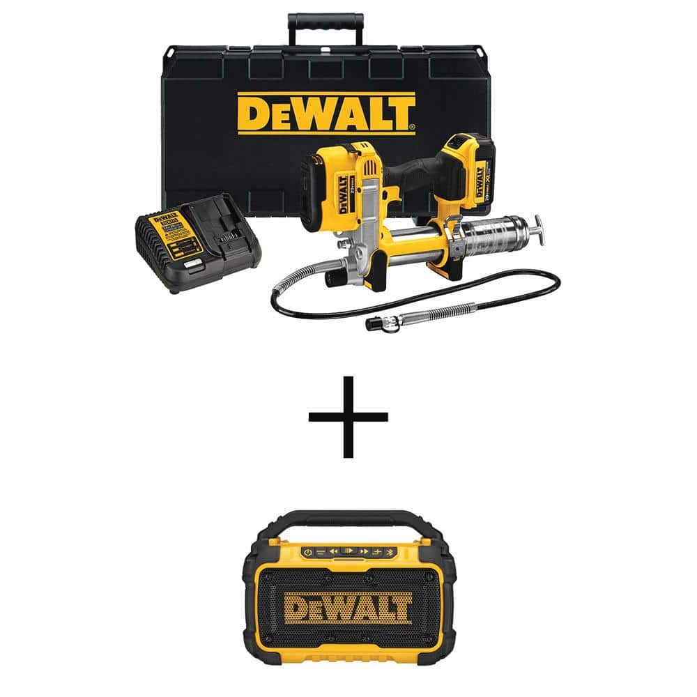 DEWALT 20V MAX Cordless 10,000 PSI Variable Speed Grease Gun and Bluetooth Speaker with (1) 20V 4.0Ah Battery, and Charger