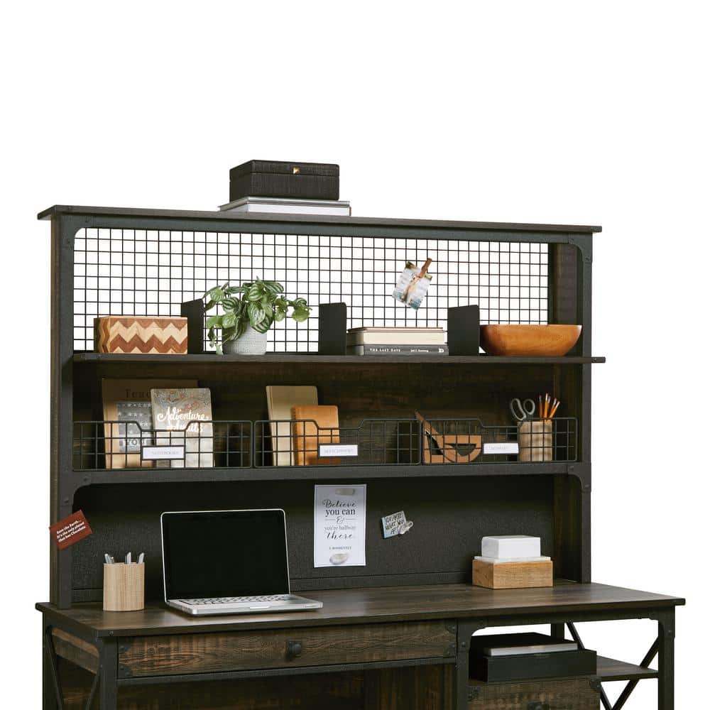 Carbon Oak Industrial Computer Desk Hutch with Metal Frame