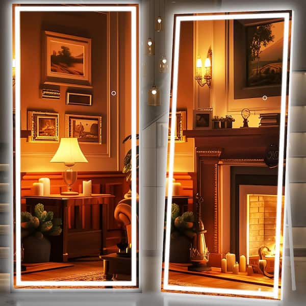 Hasipu 36 in. W x 83 in. H Square White LED Lighted Floor Standing Mirror, Hanging Mounted Mirror, Dimmable, Tempered Glass