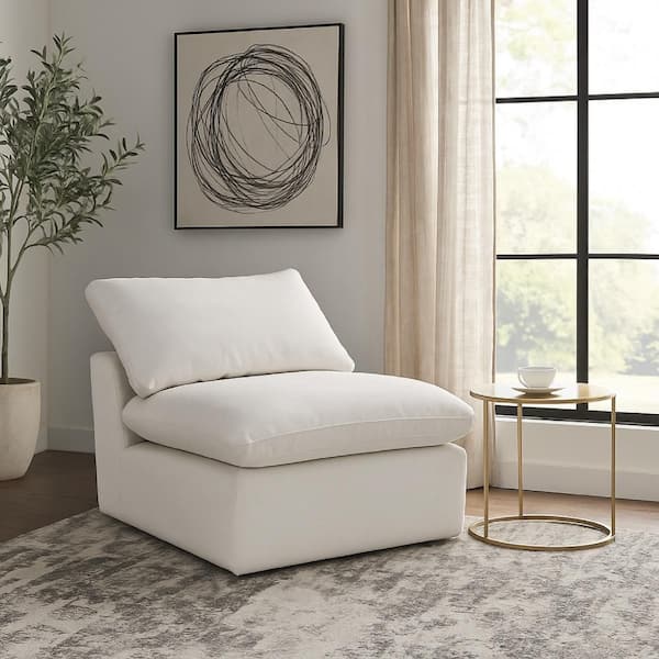 Shar Ivory White Linen Fabric Modular Armless Chair with Pillow Top Cushions