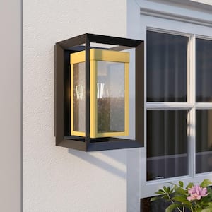 1-Light Matte Black and Metallic Bronze Not Solar Outdoor Wall Lantern Sconce with Seeded Glass