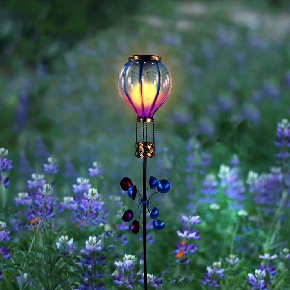 Solar Blue and Purple Hot Air Balloon Spinning Garden Stake with LED