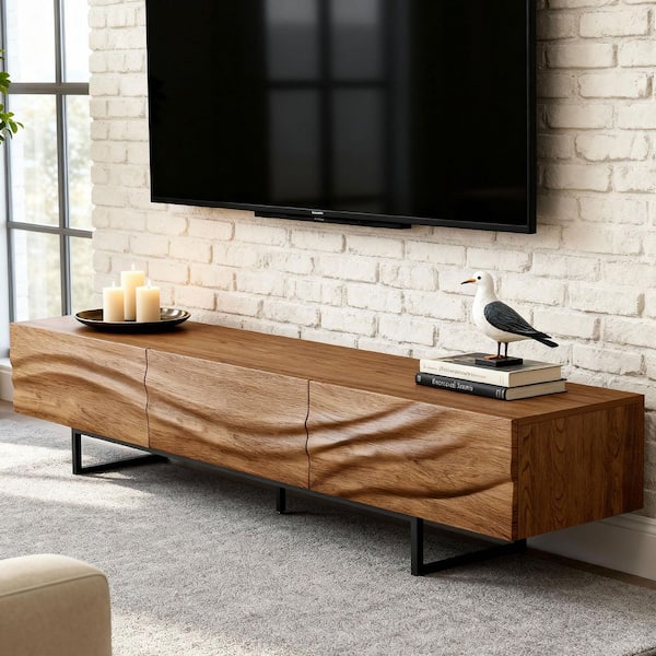 82.83 in. Modern 3D Wavy Wood TV Stand for TVs up to 90 in. Extra Wide Media Console with 3 Drawers, Walnut