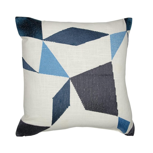 Unbranded Stacy Garcia Indigo Blue/Ivory Geometric Embroidered Hand-Woven 24 in. x 24 in. Indoor Throw Pillow