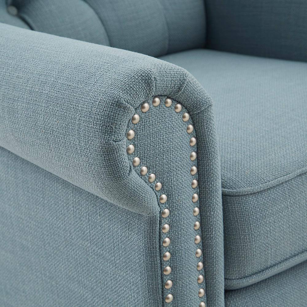 Transitional Blue Tufted Recliner with Bronze Nailhead Trim