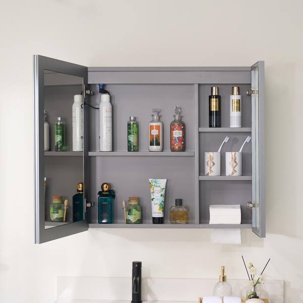 WELLFOR 30-in x 28-in Surface Mount Gray Mirrored Soft Close Medicine Cabinet