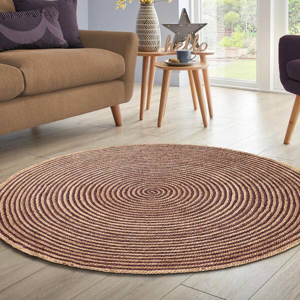 Jute Rug Round Natural Braided Round Area Rug Solid Ribbed Floor Mat Reversible 