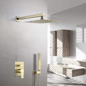 2-Spray Patterns with 1.8 GPM 10 in. Wall Mount Dual Shower Heads with 360-Degree Rotation in Brushed Gold