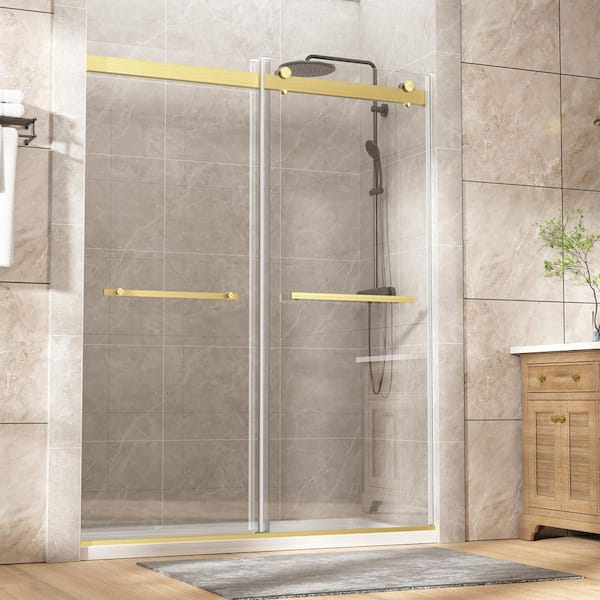 60 in. W x 75 in. H Double Sliding Frameless Shower Door in Brushed Gold with Tempered Glass, Double Buffer Soft-closing