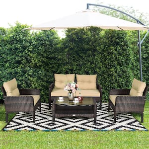 4-Piece Wicker Patio Conversation Set with Coffee Cushion and Coffee Table