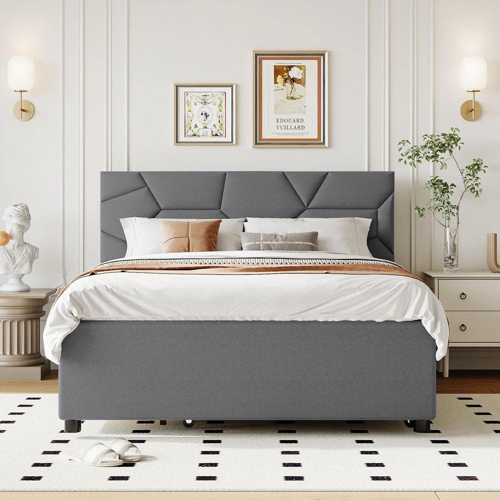 Polibi Gray MDF Frame Full Platform Bed with Brick Pattern Headboard ...