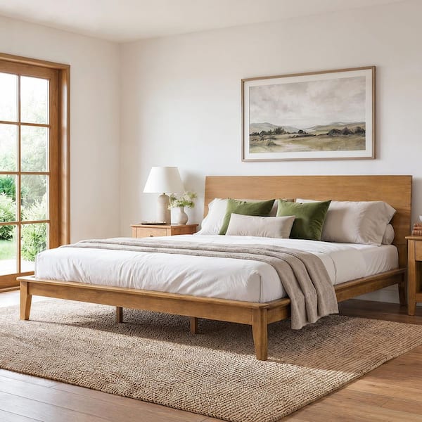 Lexy Brown Wood Solid Wood Frame King Platform Bed with Angled Headboard