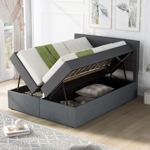Gray Wood Frame Queen Size Upholstered Platform Bed with Storage Underneath, Queen Size Lift up Storage Bed