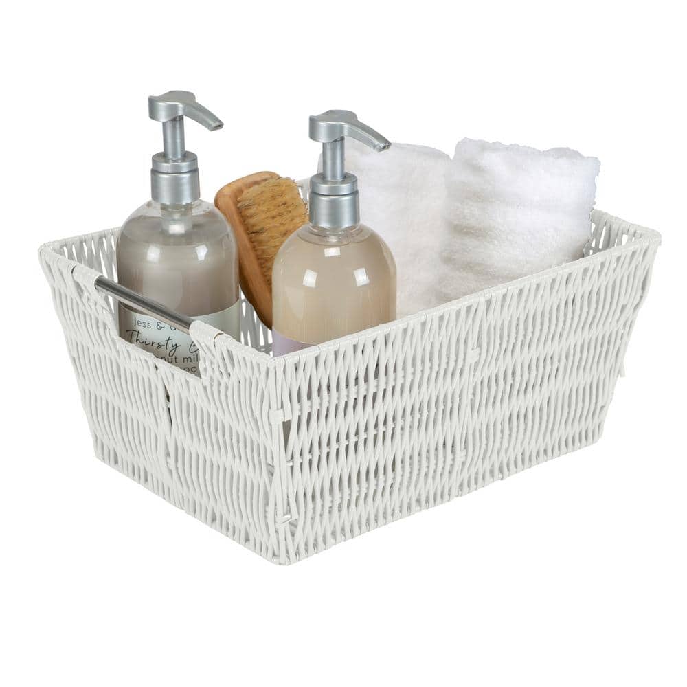 White Rectangular Rattan Storage Baskets with Iron Handles, Set of 3