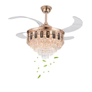 42 in. Indoor Gold Modern Crystal Retractable Ceiling Fan with 3-Color Integrated LED, Reversible Motor and Remote