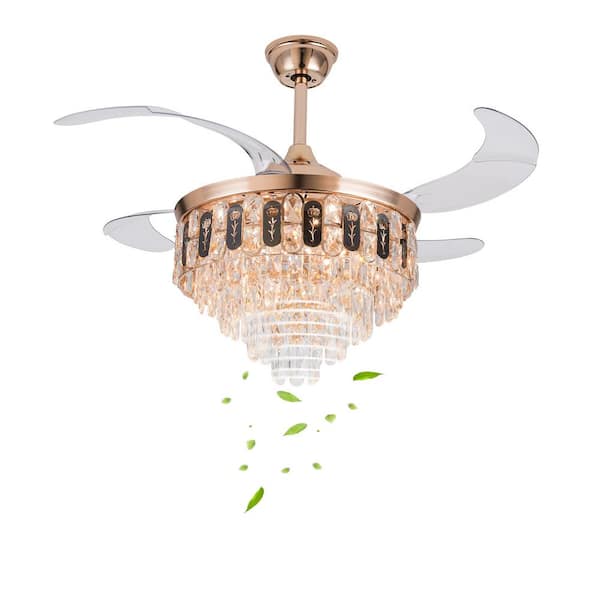 OUKANING 42 in. Indoor Gold Modern Crystal Retractable Ceiling Fan with 3-Color Integrated LED, Reversible Motor and Remote