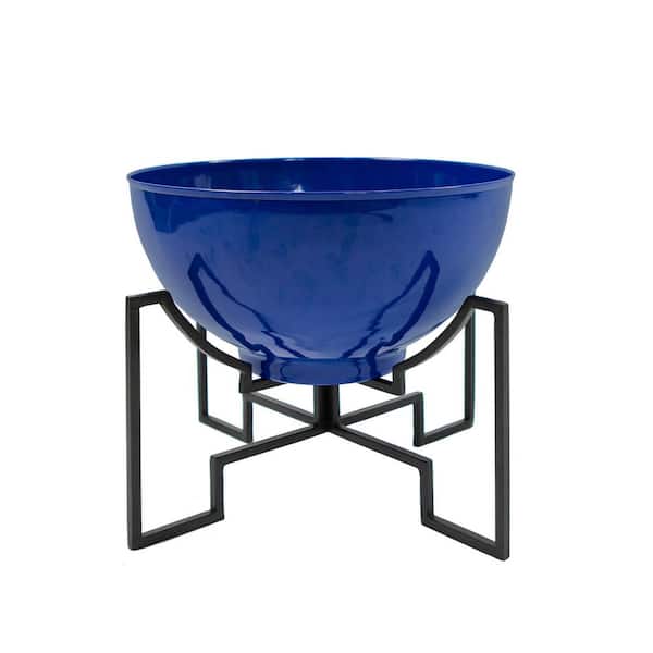 16in.W x 13.25in.H, Round French Blue Galvanized Steel Planter Bowl w/Black Wrought Iron Plant Stand, Indoor Outdoor Use