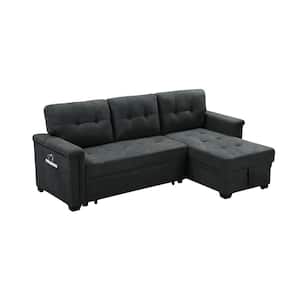 84 in. W Woven Fabric Sleeper Sectional Sofa Chaise with USB Charger and Tablet Pocket in Dark Gray