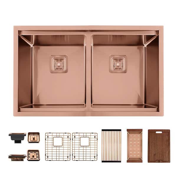 32 in. Undermount Double Bowl 16-Gauge Copper Stainless Steel Workstation Kitchen Sink with Accessories