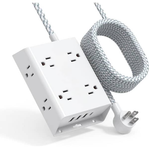 White 8-Outlet Power Strip Surge Protector with 4 USB Ports 3-Side Outlet Extender Strip 15 ft. Long Surge Cord