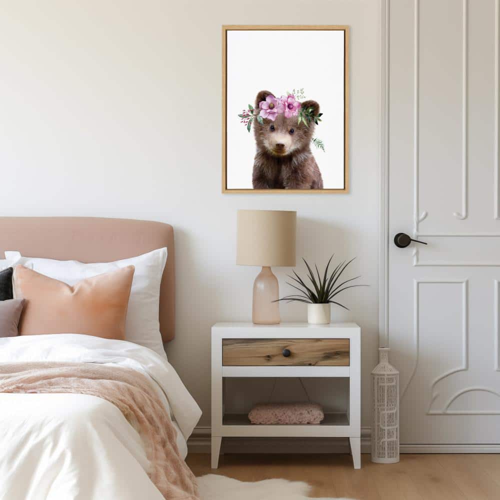 Flower Crown Bear Framed Canvas Wall Art for Nursery, 18x24 Natural