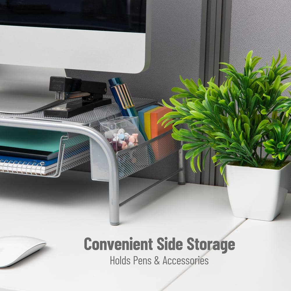 Silver Metal Mesh Monitor Stand with Drawer and Organizer