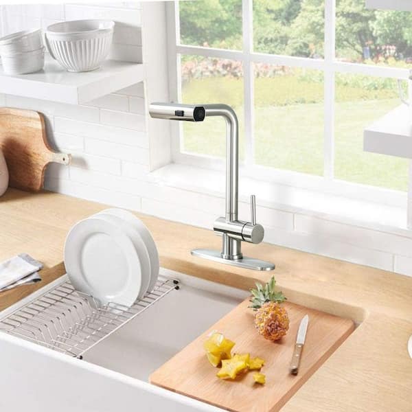 Single Handles Pull Out Sprayer Kitchen Faucet Deckplate Included in Brushed Nickel