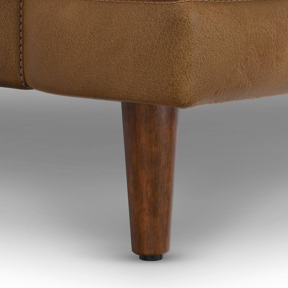 Caramel Brown Genuine Leather Mid-Century Modern Sofa with Removable Cushions