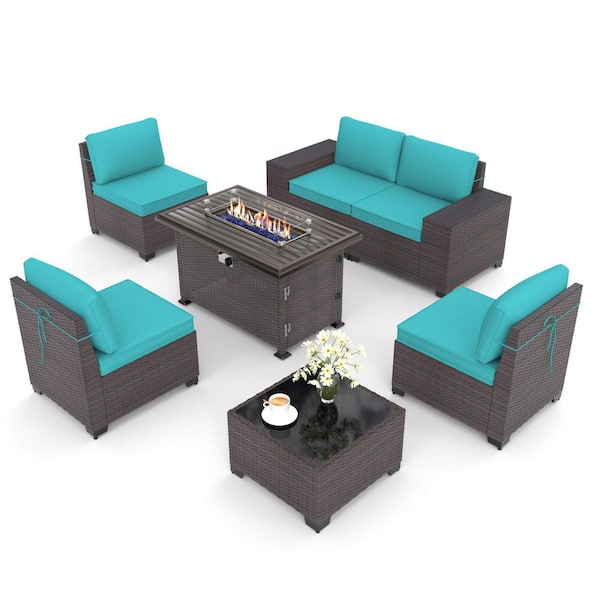 7-Piece Wicker Outdoor Patio Conversation Set with Propane Fire Pit Table, Glass Wind Guard and Cushion Turquoise