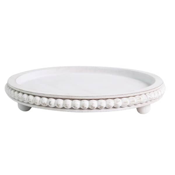Afoxsos 12in Round Tray for Home Decor White Wood Beaded Tray Decorative Round Tray for Living Room or Farmhouse Serving Tray