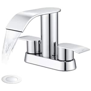 4 in. Centerset Double-Handle Waterfall Spout Bathroom Vessel Sink Faucet with Pop Up Drain Kit in Chrome