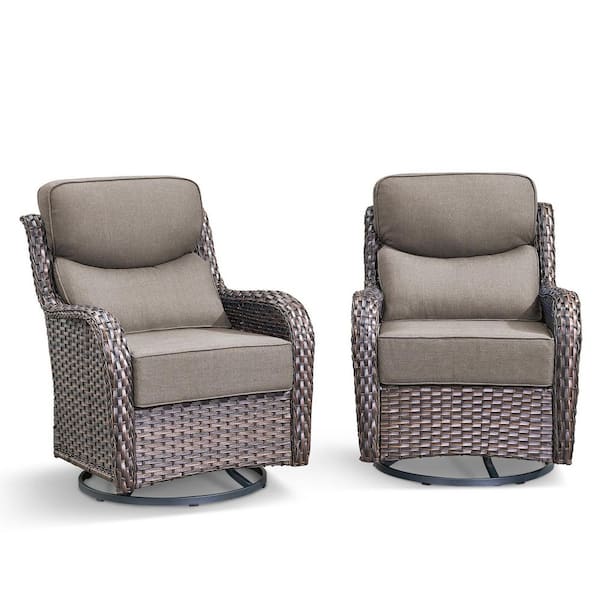 6in Thicken Brown Wicker Outdoor Swivel Rocking Lounge Chair with Cushion Guard Gray Cushions (Set 2-Pack)