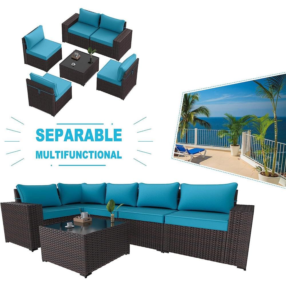 5-Piece Brown Steel Frame Outdoor Sectional Sofa with Blue Cushions