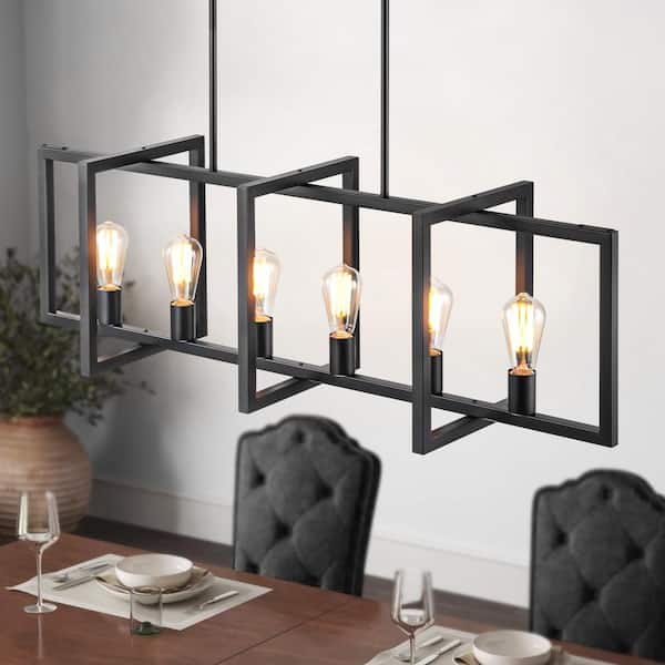 RRTYO Croyle 6-Light Black Industrial Linear Geometric Kitchen Island Pendant Lantern Cage Farmhouse Chandelier