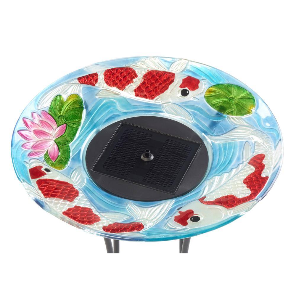 Hand-Painted Glass Koi Solar Birdbath with Steel Stand