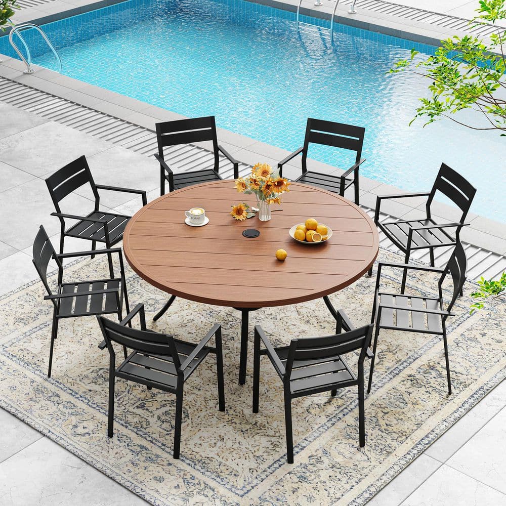 9-Piece All-Weather Metal Outdoor Patio Dining Set with 53 in. Walnut Round Table and 8 Black Stackable Dining Chairs price history on PriceWatchPro