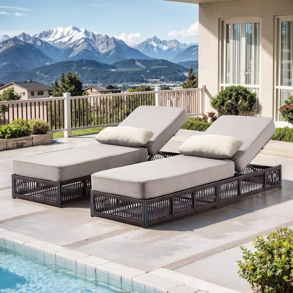 Rotavia Brown 2-Piece Wicker Outdoor Chaise Lounge Patio Adjustable Backrest Lounge Recliner with 5 in. Beige Cushions