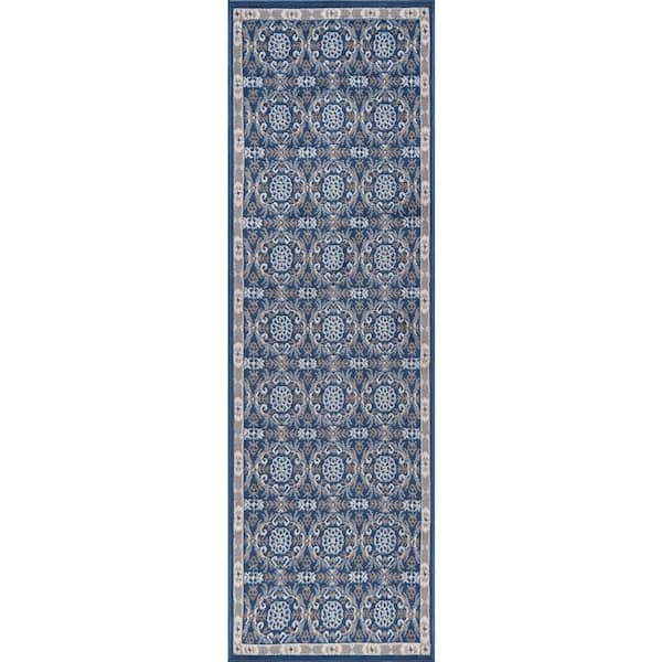 Tayse Rugs Hampton Brocade Navy 2 ft. x 8 ft. Indoor Runner Rug