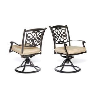 2-Piece Bronze Cast Aluminum Patio Swivel Gentle Rocking Sling Outdoor Dining Chair with Sunbrella Beige Cushions