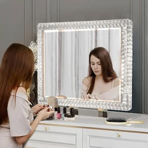35 in. W x 27 in. H Rectangular Table-Top Bathroom Makeup Mirror with LED Dimmable Crystal Mirror Light Vanity Mirror