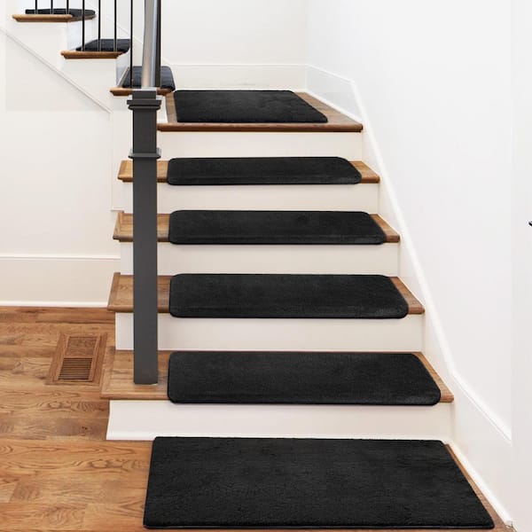 PURE ERA Plush Black 9.5 in. x 30 in. x 1.2 in. Bullnose Polyster Carpet Stair Tread Cover With Landing Mat Tape Free Set of 15